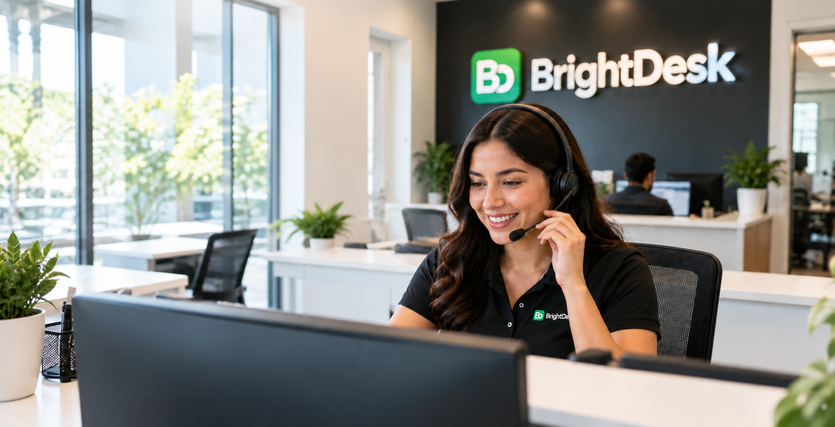 BrightDesk-branded office support visual showing a professional assisting a customer